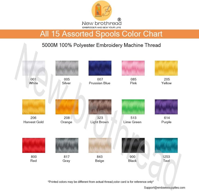 New brothreads - 15 Starter Colors of Huge Spool 5000M Polyester Embroidery Machine Thread for Commercial and Domestic Embroidery Machines - Image 4