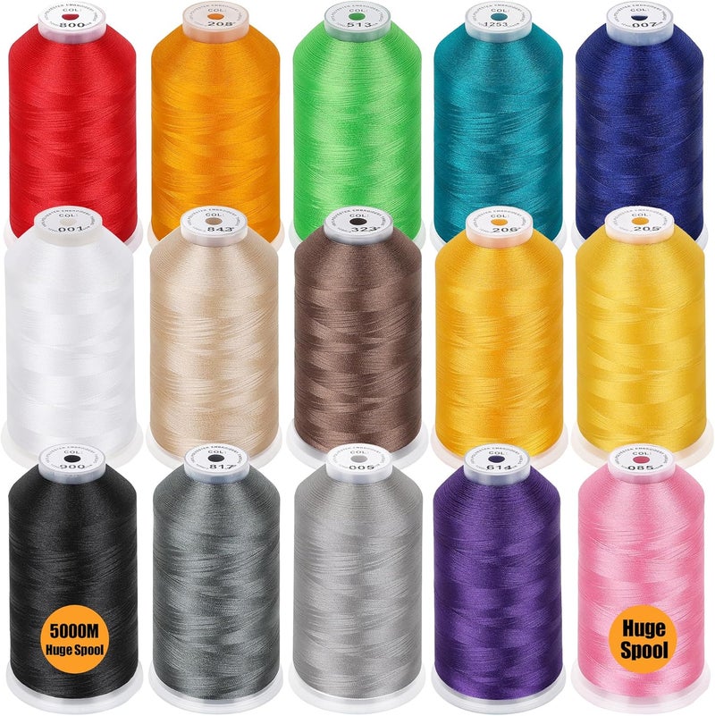 New brothreads - 15 Starter Colors of Huge Spool 5000M Polyester Embroidery Machine Thread for Commercial and Domestic Embroidery Machines - Image 1