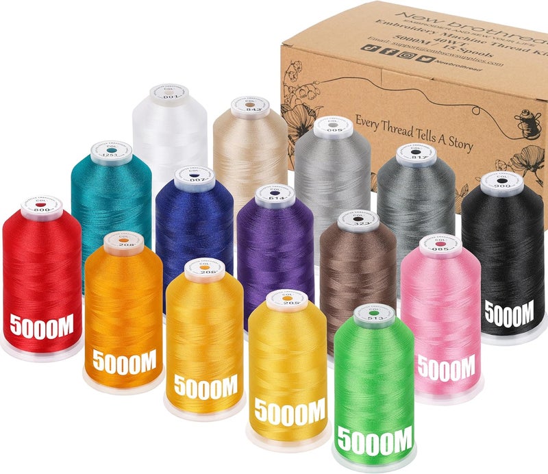 New brothreads - 15 Starter Colors of Huge Spool 5000M Polyester Embroidery Machine Thread for Commercial and Domestic Embroidery Machines - Image 2