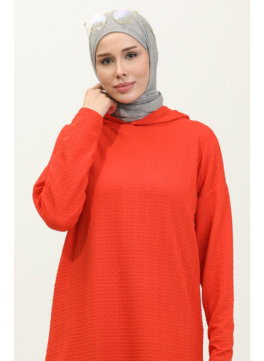 Sefa Merve Hooded Seasonal Tunic 8677-01 Dark Coral  - Image 3
