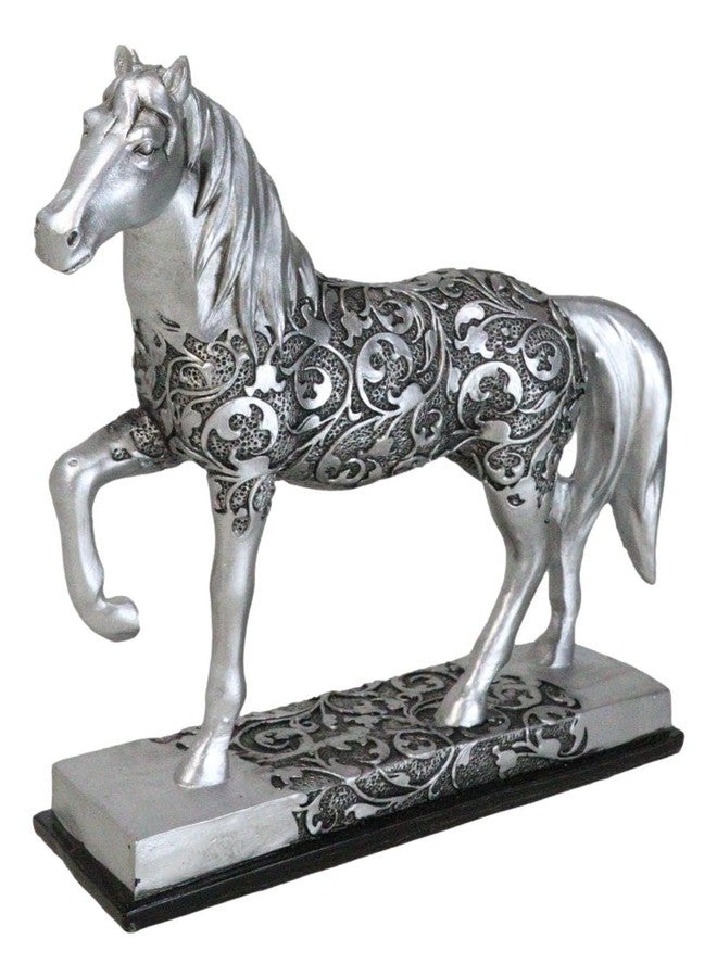 Ebros Gift Ebros Equestrian Filigree Design Graceful Sauntering Silver Horse Statue 7.75" Long Exotic Carved Stallion with Base Animal Decor Sculpture - Image 1