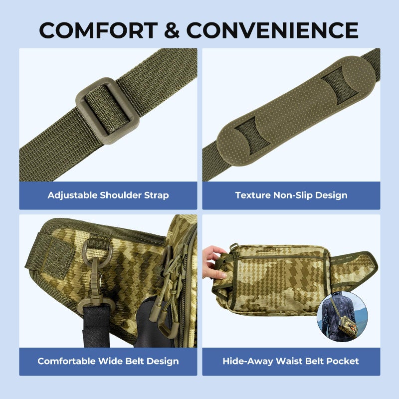 KastKing BaitSpace Waist Bag â€“ Waterproof Tackle Storage Bag With Adjustable Belt, Fishing Fanny Pack for Men, Soft Bait Organizer, 3600 Utility Box, Rod Holder, Nylon, Khaki Camo - Image 5