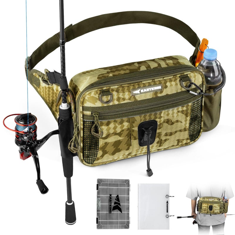 KastKing BaitSpace Waist Bag â€“ Waterproof Tackle Storage Bag With Adjustable Belt, Fishing Fanny Pack for Men, Soft Bait Organizer, 3600 Utility Box, Rod Holder, Nylon, Khaki Camo - Image 1