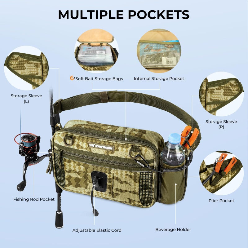 KastKing BaitSpace Waist Bag â€“ Waterproof Tackle Storage Bag With Adjustable Belt, Fishing Fanny Pack for Men, Soft Bait Organizer, 3600 Utility Box, Rod Holder, Nylon, Khaki Camo - Image 2