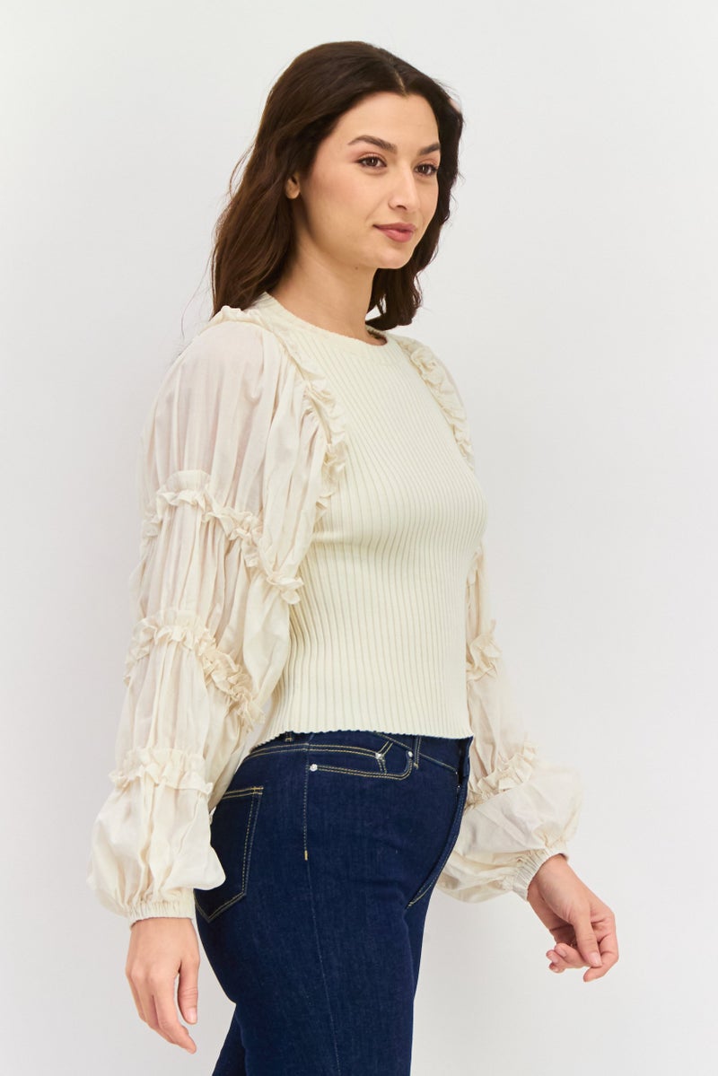 En Saison Women Crew Neck Long Sleeves Textured Blouse, Beige  - Image 2