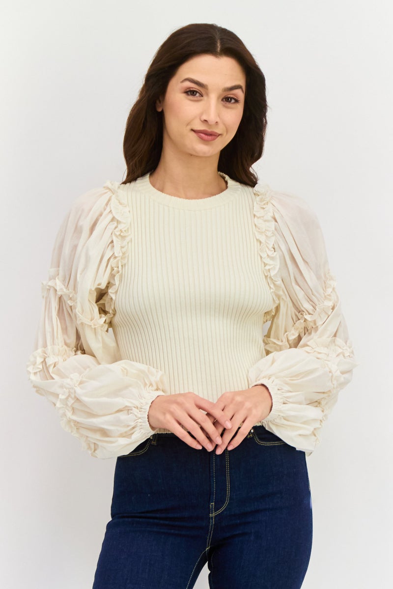 En Saison Women Crew Neck Long Sleeves Textured Blouse, Beige  - Image 1