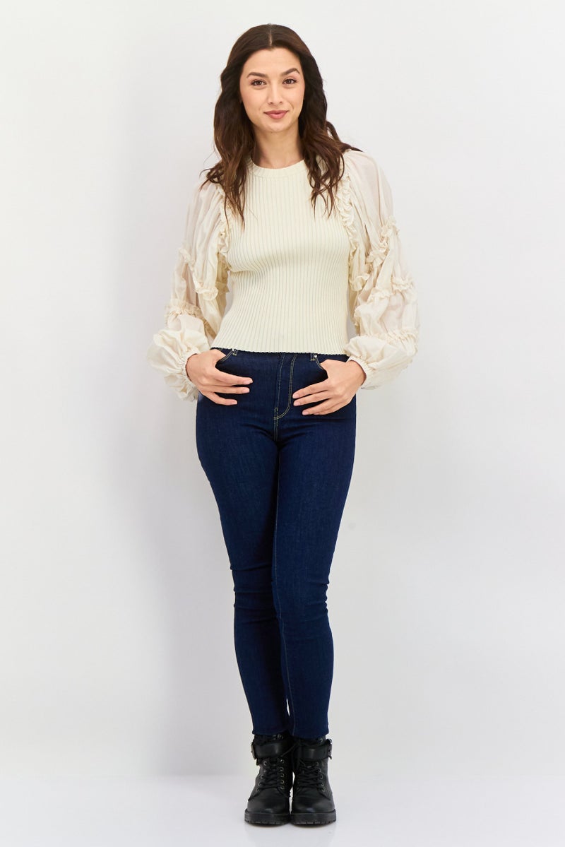 En Saison Women Crew Neck Long Sleeves Textured Blouse, Beige  - Image 4