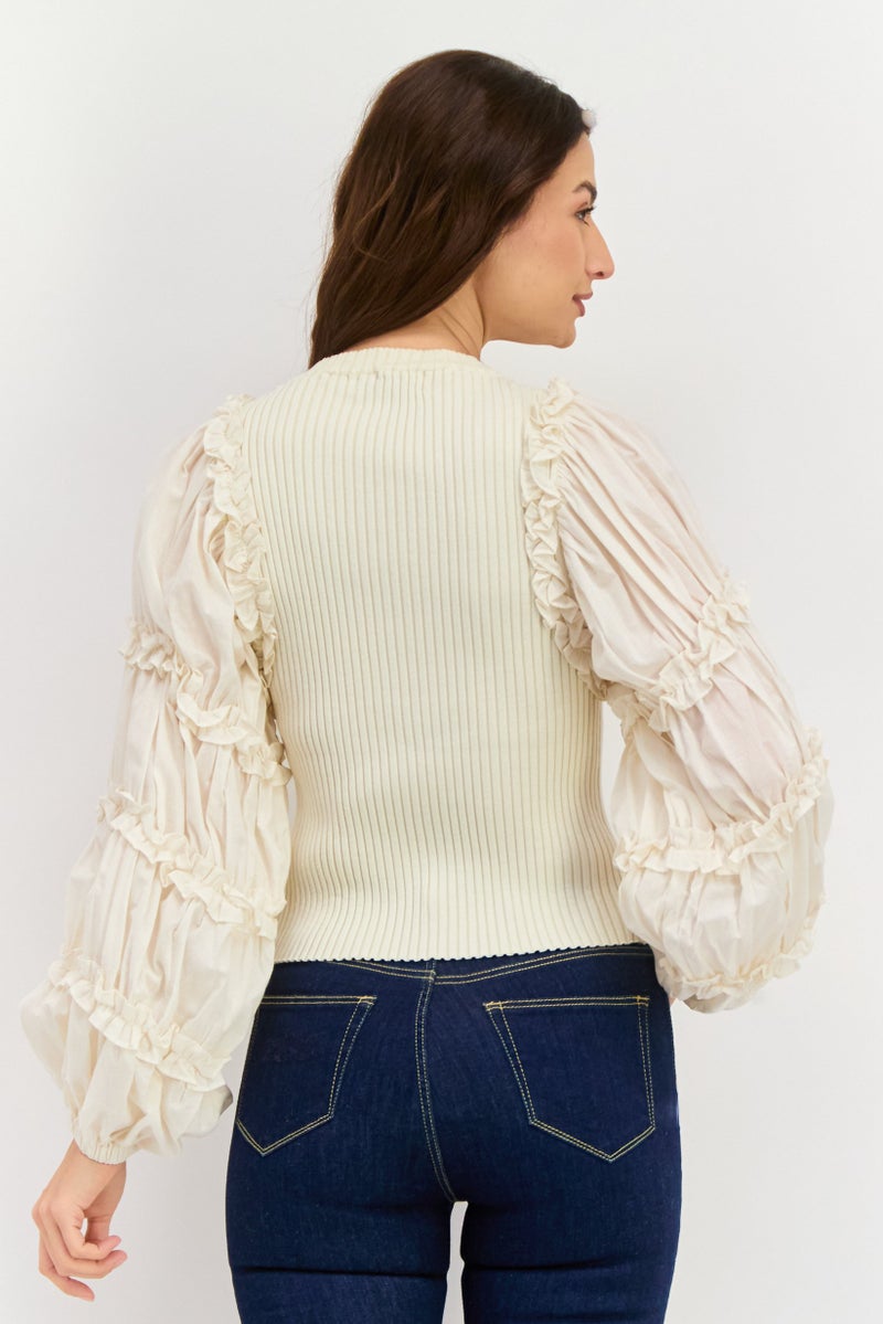En Saison Women Crew Neck Long Sleeves Textured Blouse, Beige  - Image 3