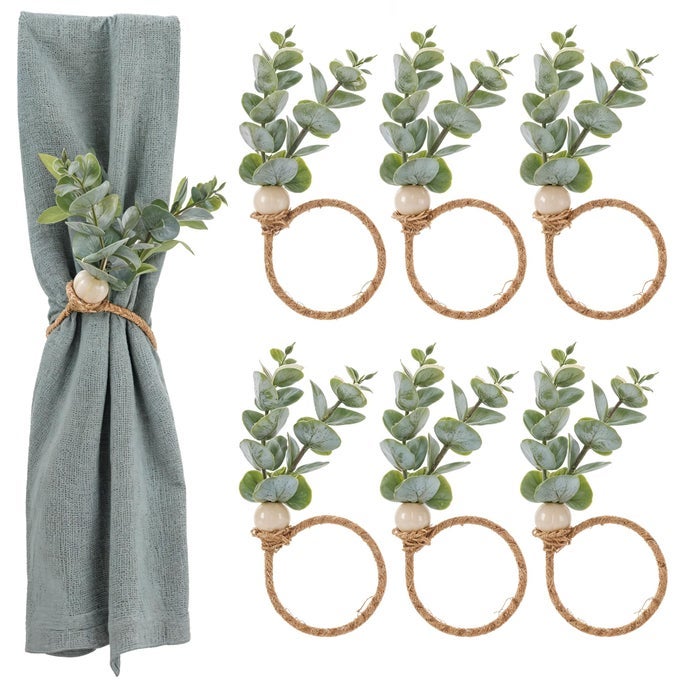 NAPKIN RINGS SET OF 6 RUSTIC FARMHOUSE BOHO GREEN LEAF EUCALYPTUS WOOD BEAD NAPKIN RINGS HOLDER FOR FALL SPRING THANKSGIVING CHRISTMAS EASTER WEDDINGS TABLE DECOR