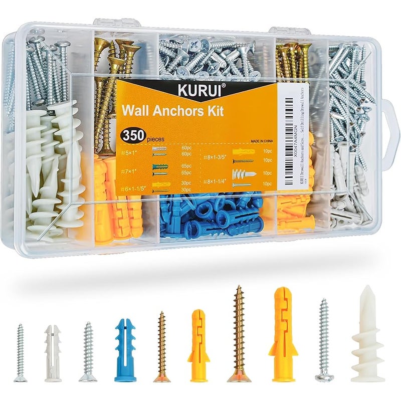 KURUI Drywall Anchors Assortment Kit for Sheetrock Concrete Brick, 350Pcs Wall Anchors and Flat Head Screws, 5 Sizes Picture Hanging Set for Bedroom/Office Wall Art Decor, House Warming Gifts New Home - Image 1