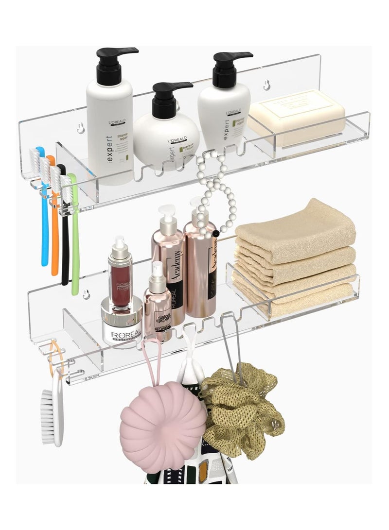 TPGP Acrylic Bathroom Shelves Organizer with Hooks Set of 2, No Drilling Design, Clear Floating Shelf for Shower Caddy, Wall Mounting Storage Shelves for Toiletries, Towels, Necklace, Soap  - Image 1