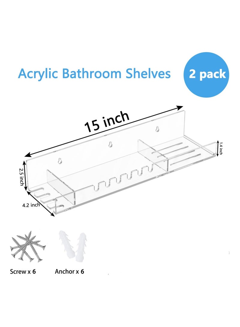 TPGP Acrylic Bathroom Shelves Organizer with Hooks Set of 2, No Drilling Design, Clear Floating Shelf for Shower Caddy, Wall Mounting Storage Shelves for Toiletries, Towels, Necklace, Soap  - Image 2