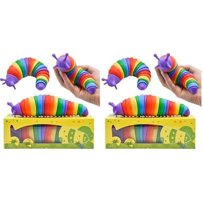 Fidget Slug Toys,3D Articulated Stretch Caterpillar Sensory Stress Relief Flexible Hand Toy, Ideal Party Favor Colorful Anti-Anxiety Office Desk Toys(Rainbow) (Pack of 2)