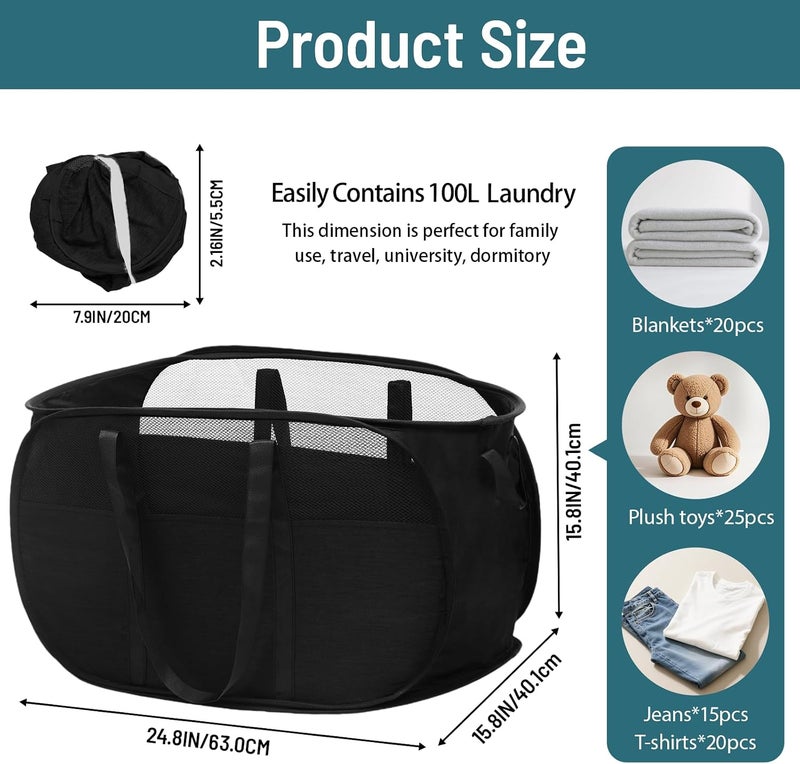 BATTOO 100L Collapsible Laundry Baskets, Tear Proof Pop Up Laundry Hamper with Dual Handles, Large Foldable Laundry Basket, Easy to Carry Laundry Hamper for Home, Laundry Room, Bedroom, Dorm, Travel Black - Image 4