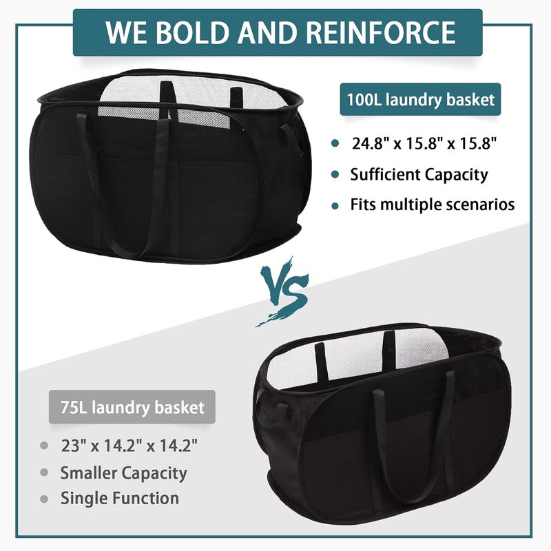 BATTOO 100L Collapsible Laundry Baskets, Tear Proof Pop Up Laundry Hamper with Dual Handles, Large Foldable Laundry Basket, Easy to Carry Laundry Hamper for Home, Laundry Room, Bedroom, Dorm, Travel Black - Image 5