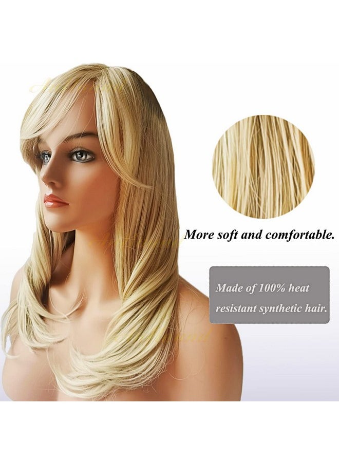 Auflaund - Natural Ombre Blonde Curly Wigs Shoulder Length Long Wavy Blonde Hair Wigs With Darker Root For Women + Wig Cap - Image 1