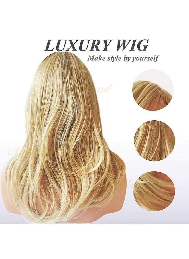 Auflaund - Natural Ombre Blonde Curly Wigs Shoulder Length Long Wavy Blonde Hair Wigs With Darker Root For Women + Wig Cap - Image 1