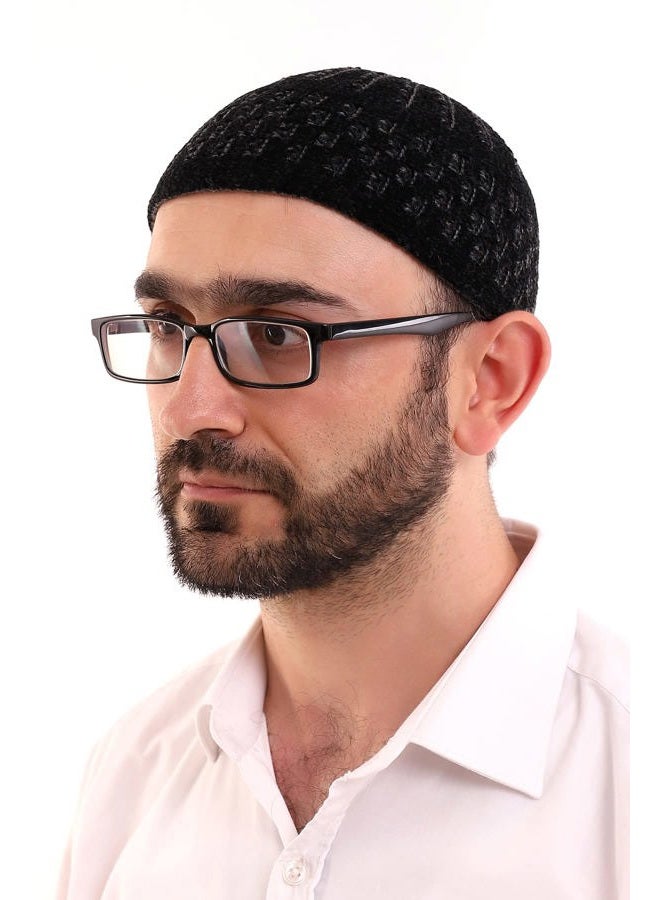 İhvan Online Turkish Muslim Winter Kufi Hats for Men Taqiya Takke Peci Islamic Hats Islamic Gifts Standard Size Black Grey - Image 1