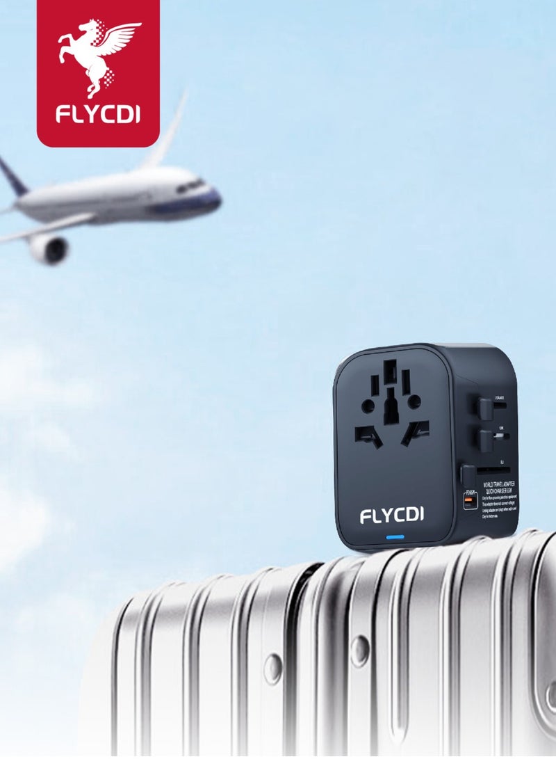 flycdi 65W Travel Adapter with 2 USB A Ports and 2 Type-C PD Ports - with Safety Door and Safety Valve for US/UK/AU/EU, Black - Image 1