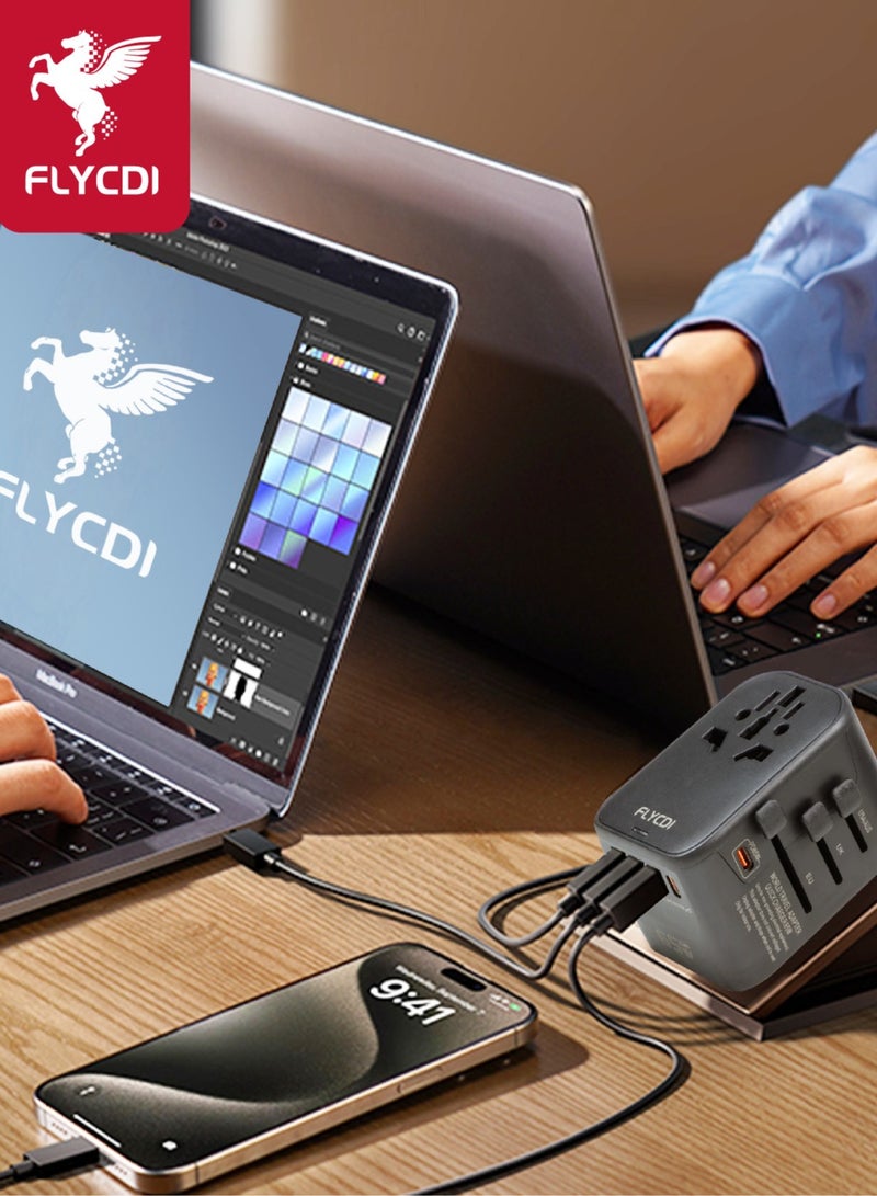 flycdi 65W Travel Adapter with 2 USB A Ports and 2 Type-C PD Ports - with Safety Door and Safety Valve for US/UK/AU/EU, Black - Image 3