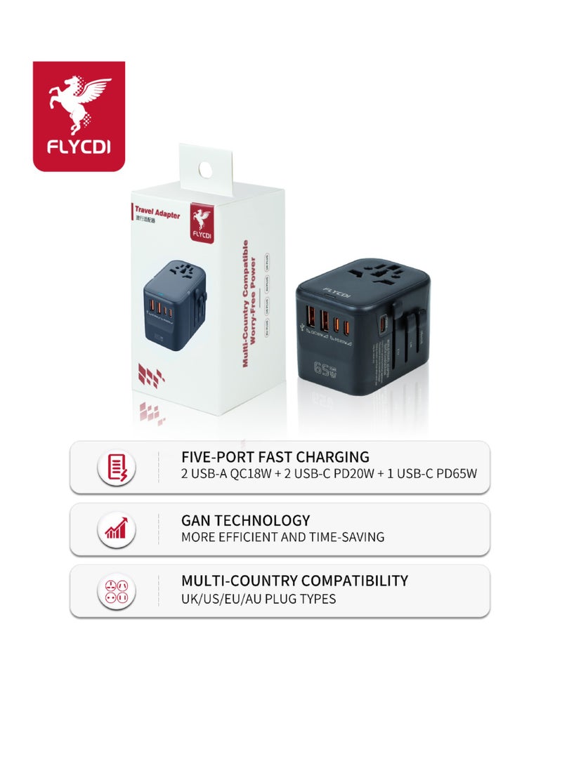 flycdi 65W Travel Adapter with 2 USB A Ports and 2 Type-C PD Ports - with Safety Door and Safety Valve for US/UK/AU/EU, Black - Image 4