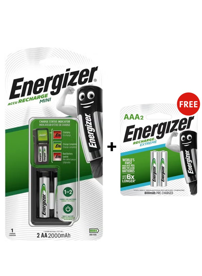 Energizer Mini charger with 2 AA Rechargeable Batteries  (2000 mAh) Multicolour & Recharge Extreme Batteries AAA2 - 2 BatteriesBundle - Image 1