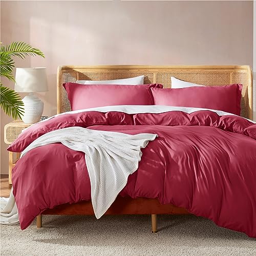 Nestl Burgundy Red California King Duvet Cover Sets  Soft Double Brushed Cal King Duvet Cover 3 Piece with Button Closure 1 Duvet Cover 104x98 inches and 2 Pillow Shams
