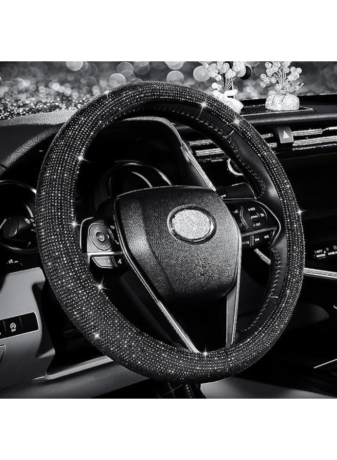 Car Steering Wheel PU Leather Non Slip Crystal Sparkled Diamond Cover Bling Medium Size Black - Image 1