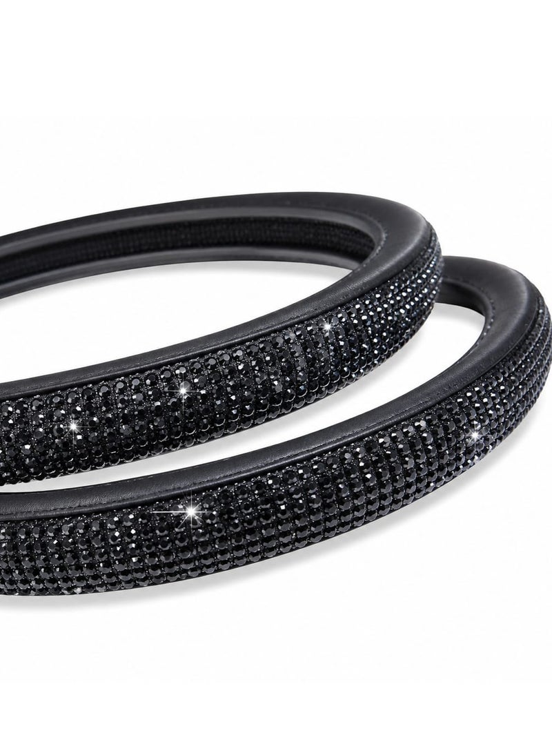 Car Steering Wheel PU Leather Non Slip Crystal Sparkled Diamond Cover Bling Medium Size Black - Image 4
