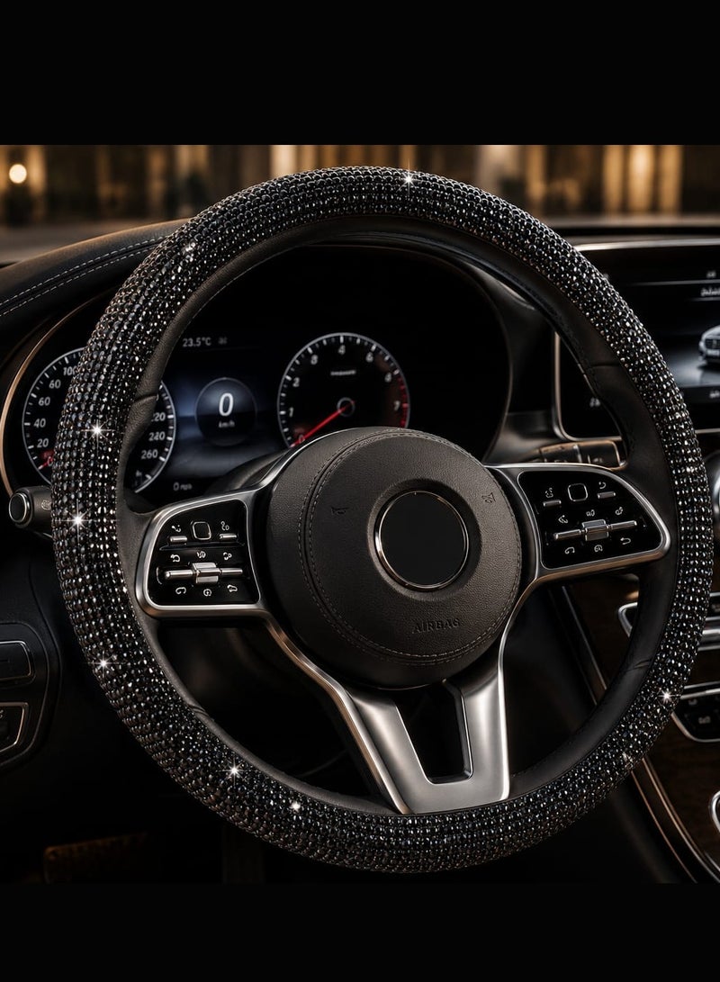 Car Steering Wheel PU Leather Non Slip Crystal Sparkled Diamond Cover Bling Medium Size Black - Image 5