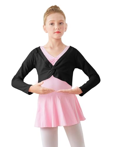 Daydance Black Girl's Dance Tops Cropped V-Neck Ballet Sweater Warm Up for Leotards, Long Sleeve - Image 2