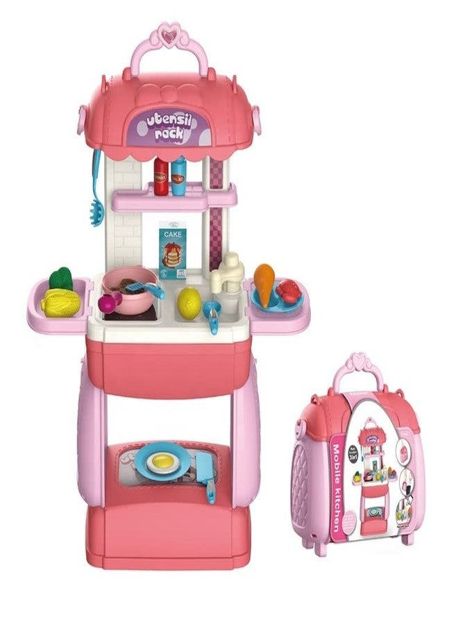 SHIPEASE 3 in 1 Mobile Kitchen Set Portable Suitcase Design Pretend Play Multi-Function Cooking Toy with Accessories for Kids Girls(Multicolor) - Image 1