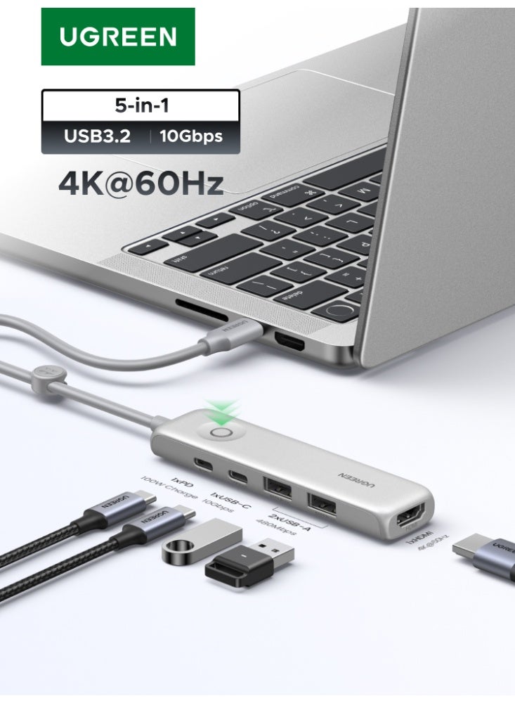 Ugreen 5-in-1 USB Hub Type C with 4K@60Hz HDMI, USB C to HDMI Adapter 100W PD Charging, 10Gbps USB-C, Foldable Cable Design USB Type C Hub for Laptop, MacBook, Tablet & Multi-Screen Work (Not Suitable: MacBook Neo) silver - Image 1