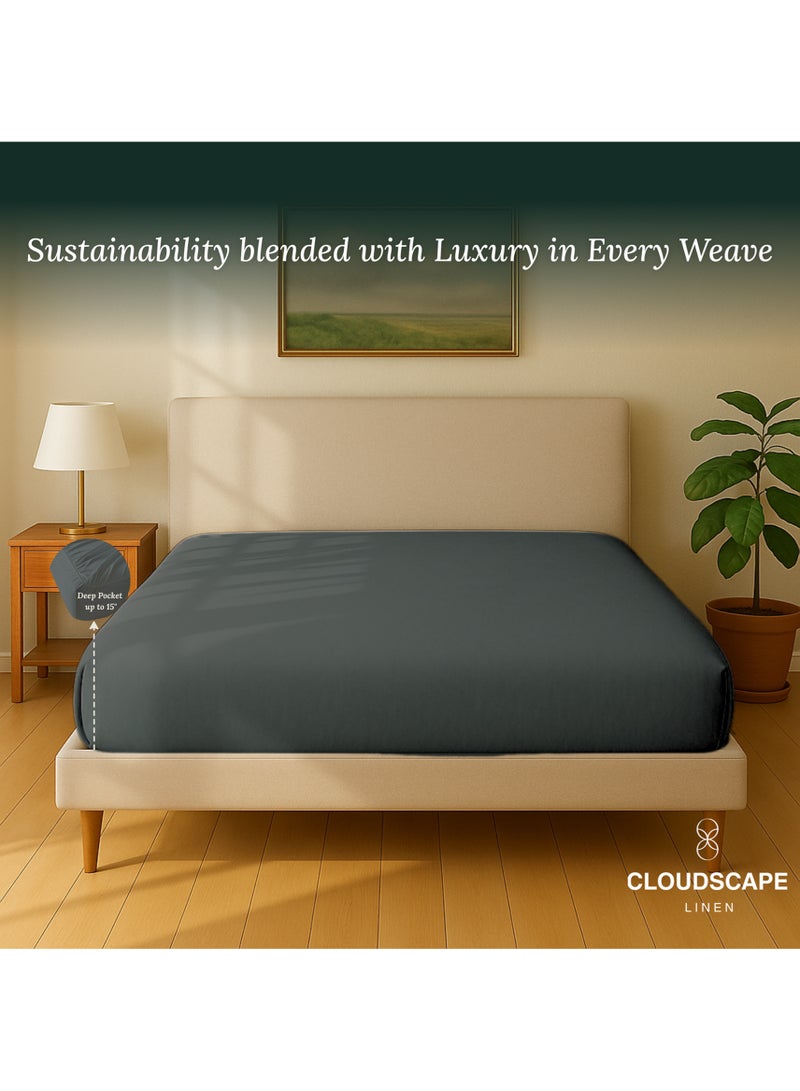 Cloud Scape Linen 600 Thread Count Egyptian Cotton Fitted Sheet ( Queen, Charcoal) - Image 5