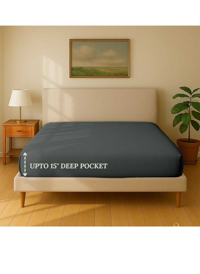 Cloud Scape Linen 600 Thread Count Egyptian Cotton Fitted Sheet ( Queen, Charcoal) - Image 3