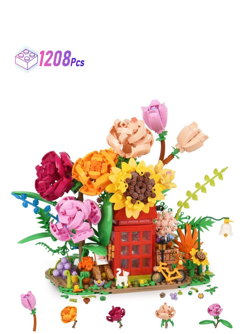 Rose Flower Bouquet Building Set Flower Bouquet Building Blocks with Telephone Booth Bike Cute Animal Colorful and Beautiful Decoration Gift for Lover Friend Decor for Home 1208 PCS - Image 1