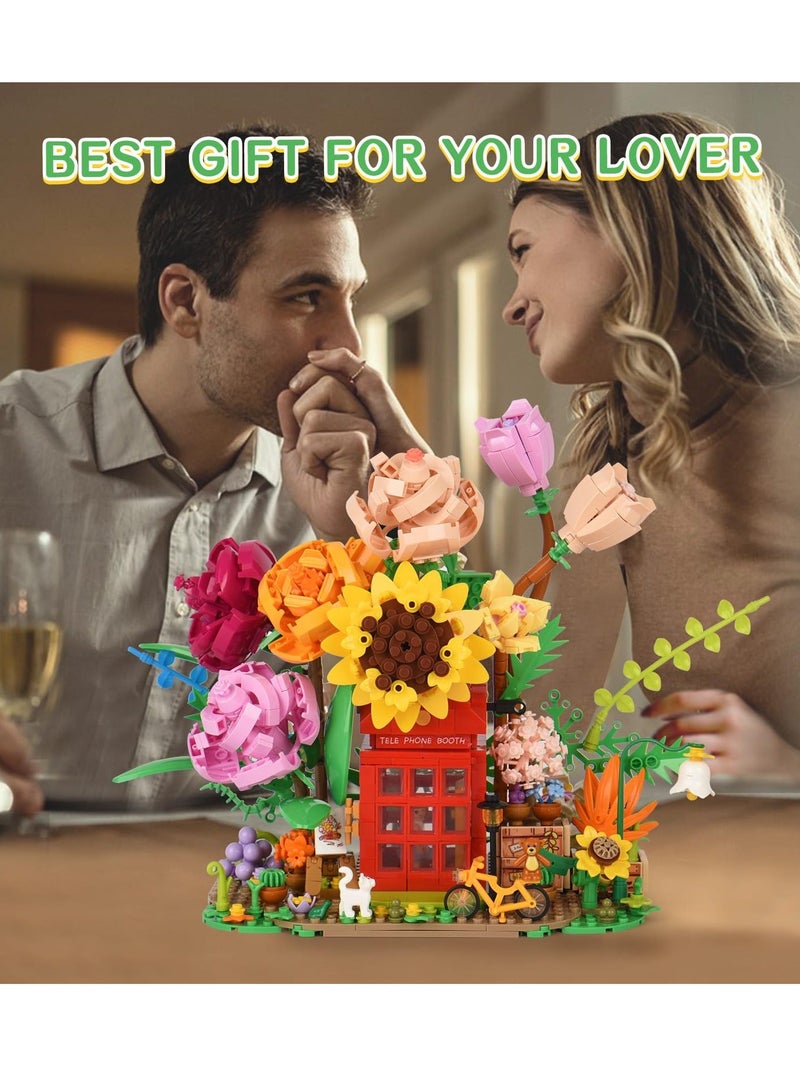Rose Flower Bouquet Building Set Flower Bouquet Building Blocks with Telephone Booth Bike Cute Animal Colorful and Beautiful Decoration Gift for Lover Friend Decor for Home 1208 PCS - Image 3