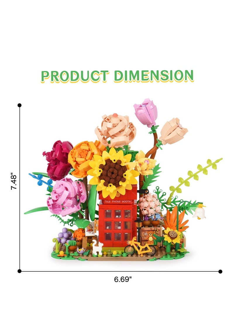Rose Flower Bouquet Building Set Flower Bouquet Building Blocks with Telephone Booth Bike Cute Animal Colorful and Beautiful Decoration Gift for Lover Friend Decor for Home 1208 PCS - Image 4