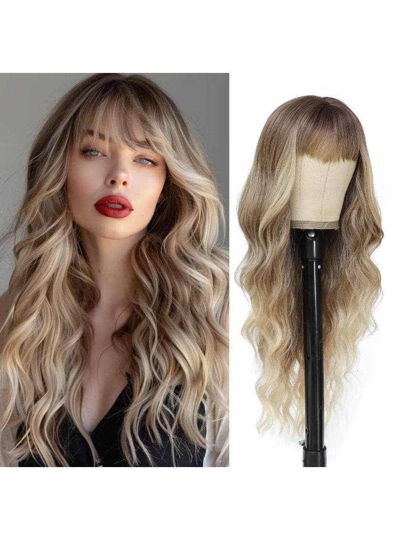 Alimiriam - Alimiriam Blonde Wig With Bangs Long Blonde Wavy Wig with Dark Root Synthetic Heat Resistant Wigs for Women Glueless None Lace Front Wig for Cosplsy Halloween Daily Party Use 26 Inches - Image 1