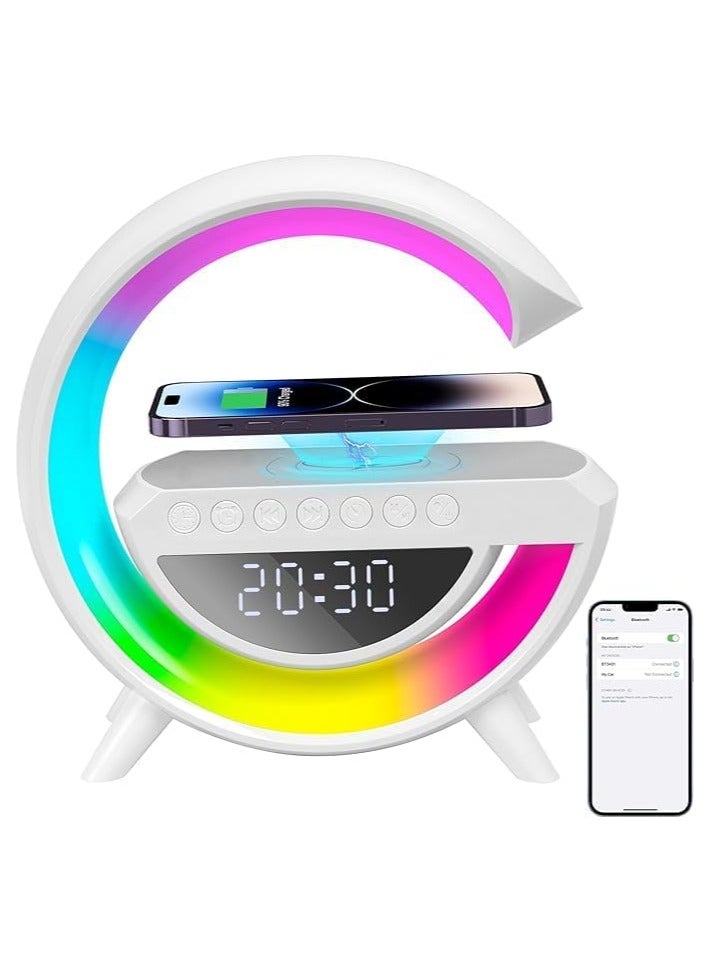مصباح بجانب السرير مع مكبر صوت لاسلكي، شاحن هاتف وساعة منبه، ضوء ليلي LED ذكي 4 في 1 مع مكبر صوت بلوتوث، شحن لاسلكي، سطوع قابل للتعديل وإضاءة محيطة - Image 1