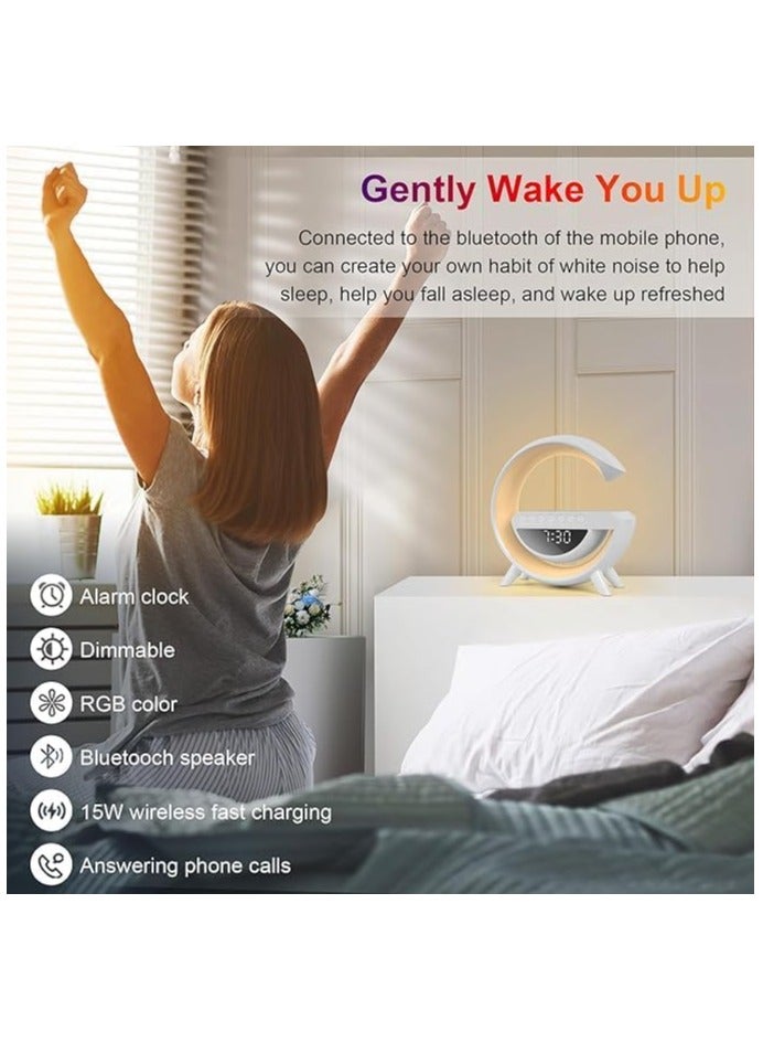 مصباح بجانب السرير مع مكبر صوت لاسلكي، شاحن هاتف وساعة منبه، ضوء ليلي LED ذكي 4 في 1 مع مكبر صوت بلوتوث، شحن لاسلكي، سطوع قابل للتعديل وإضاءة محيطة - Image 3