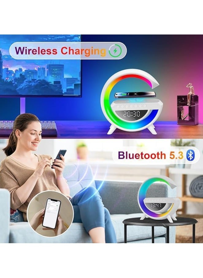 مصباح بجانب السرير مع مكبر صوت لاسلكي، شاحن هاتف وساعة منبه، ضوء ليلي LED ذكي 4 في 1 مع مكبر صوت بلوتوث، شحن لاسلكي، سطوع قابل للتعديل وإضاءة محيطة - Image 4