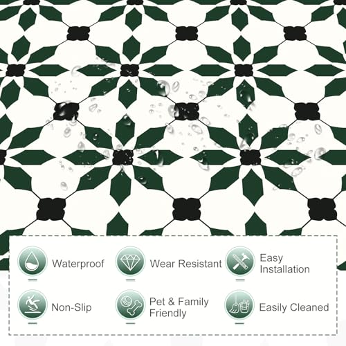 MORCART 7.87" x 7.87" Peel and Stick Floor Tile, 20 PCS Self-Adhesive DIY Vinyl Flooring for Renters, Removable and Waterproof Tile Sticker for Bathroom, Kitchen, Staircase (Black Green) - Image 3