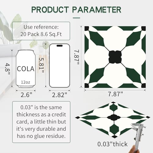 MORCART 7.87" x 7.87" Peel and Stick Floor Tile, 20 PCS Self-Adhesive DIY Vinyl Flooring for Renters, Removable and Waterproof Tile Sticker for Bathroom, Kitchen, Staircase (Black Green) - Image 2
