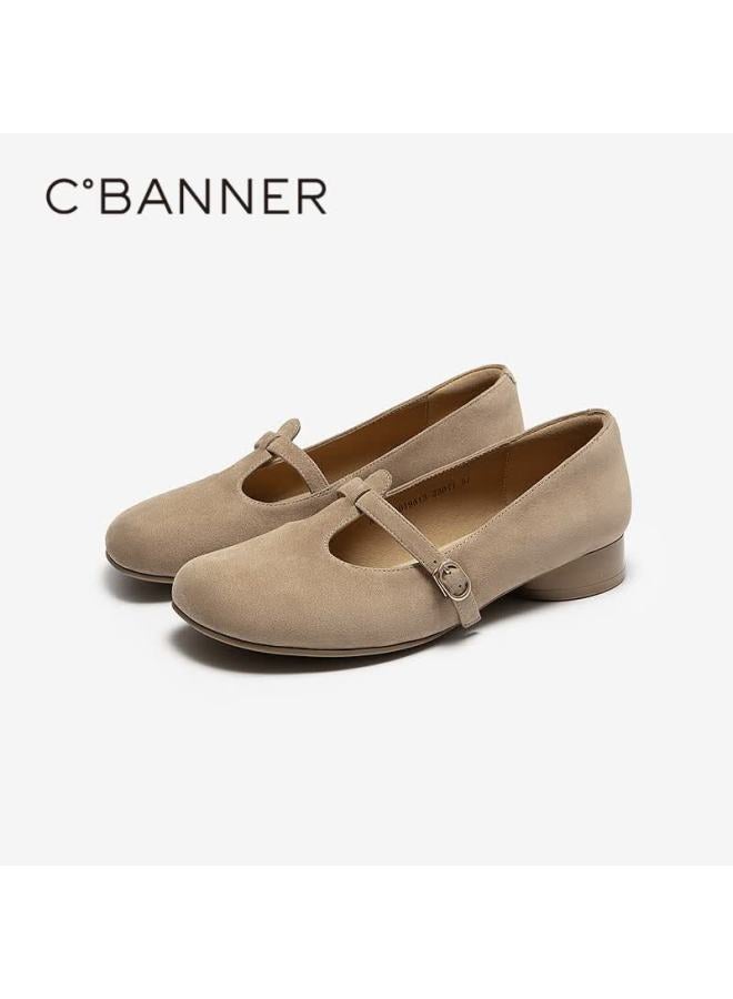 C.banner Women's Sheepskin Red Low Heel T-strap Mary Jane Shoes  Autumn New Single Shoes A25416019 Beige Size 38 - Image 4