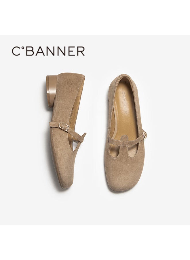 C.banner Women's Sheepskin Red Low Heel T-strap Mary Jane Shoes  Autumn New Single Shoes A25416019 Beige Size 38 - Image 2