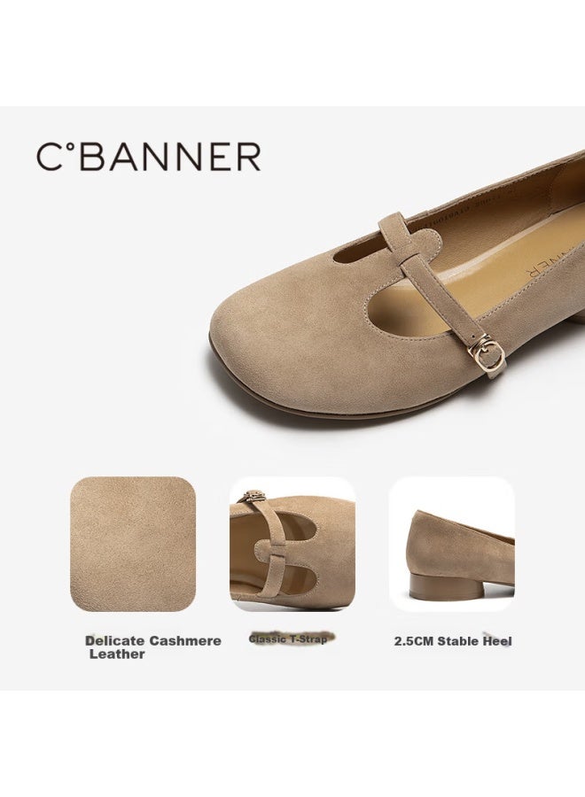 C.banner Women's Sheepskin Red Low Heel T-strap Mary Jane Shoes  Autumn New Single Shoes A25416019 Beige Size 38 - Image 1