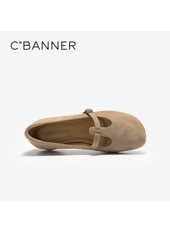 C.banner Women's Sheepskin Red Low Heel T-strap Mary Jane Shoes  Autumn New Single Shoes A25416019 Beige Size 38 - Image 5