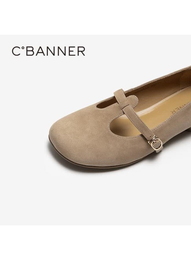 C.banner Women's Sheepskin Red Low Heel T-strap Mary Jane Shoes  Autumn New Single Shoes A25416019 Beige Size 38 - Image 3