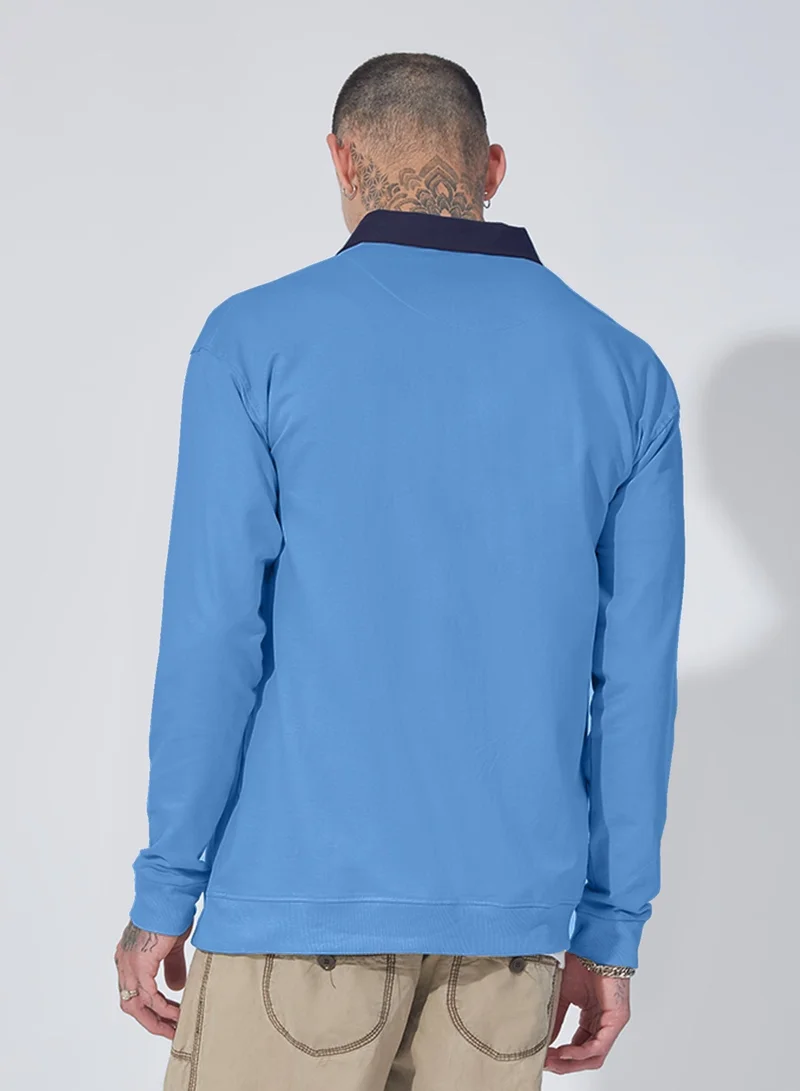 Maniac Maniac Mens Printed Polo Neck Half Zip Full Sleeve Denim Blue Cotton Sweatshirt
